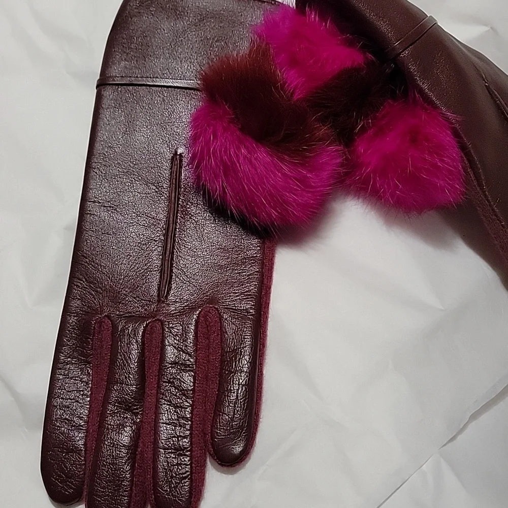 Nwt Echo Leather Cashmere Wool Colorblock Fur Pom Pom Gloves Maroon Pink